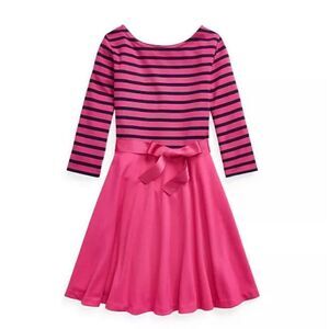 Polo Ralph Lauren Girls Long Sleeve Stripped Pink Dress Size 8/10